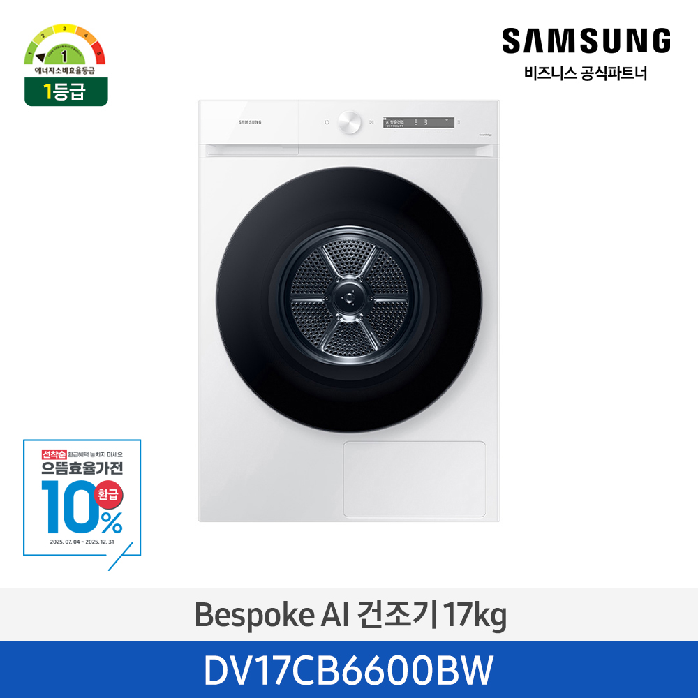 [삼성전자] 비스포크 그랑데 건조기 AI 17kg [심플컨트롤] 1등급 화이트 DV17CB6600BW [페이]
