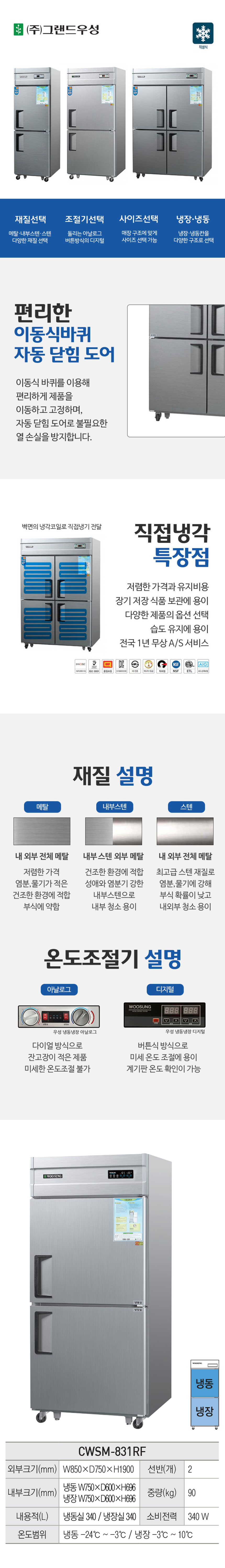 CI_[그랜드우성] 직냉식 냉장고+냉동고 710L 2도어 올스텐 (CWSM-831RF_올스텐) 상세 이미지 1